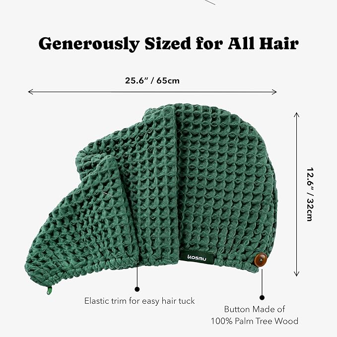 Luxury Organic Japanese Cotton Hair Drying Waffle Towel Wrap for Women | Absorbent, Quick-Dry Head Turban for Shower, Sauna, Spa | Extra Large for Long, Curly, Straight Hair With Button (Green, 2 Pc)
