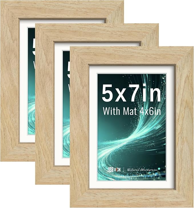 VCK 5x7 Picture Frames Natural - 3 Pack, Wide Border Solid Wood, Tempered Glass, Display 4x6 Photo with Mat or 5 x 7 Without, for Home, Office, Gallery, Woodgrain Series, Tabletop & Wall Hanging