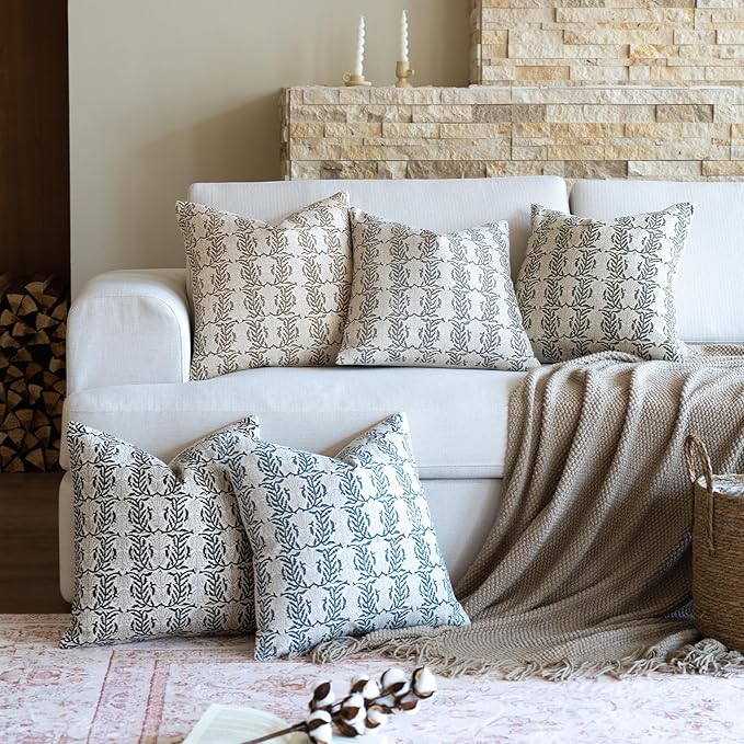 FIOUOVO Floral Throw Pillow Covers 18x18 Set of 2 Block Print Cushion Covers Farmhouse Neutral Accent Decorative Pillow Covers Home Decor for Sofa Couch Living Room Bedroom, Olive Green