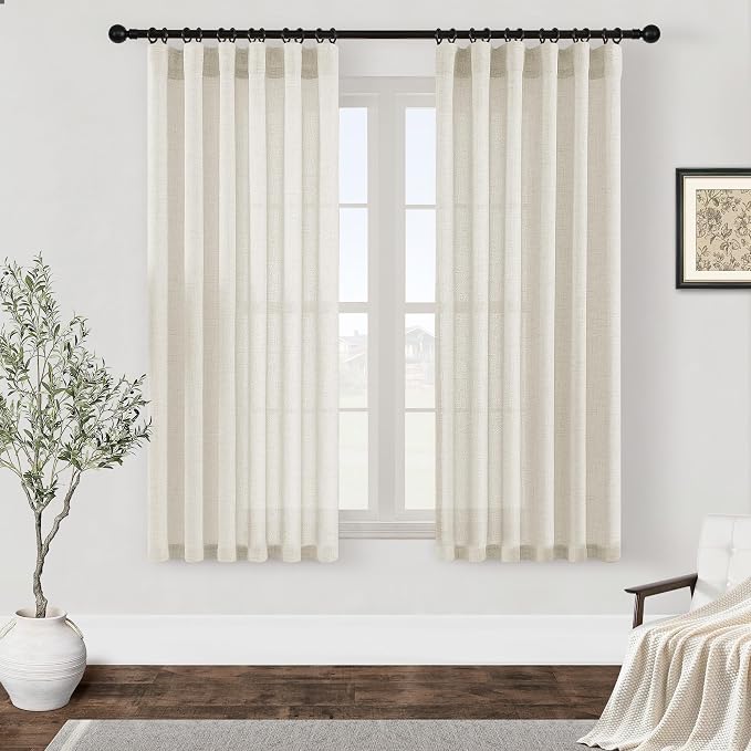 Natural Linen Curtains 63 Inch Length for Bedroom Kitchen Laundry Room Rustic Rod Pocket Hook Belt Semi Sheer Cream Window Curtains 63 Inches Long Light Filtering Privacy Farmhouse 2 Panels