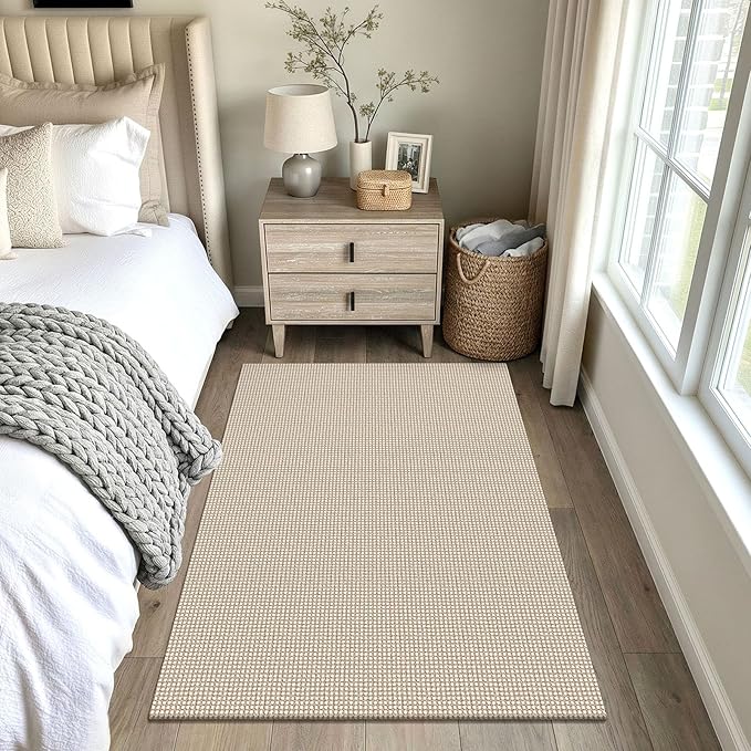 EARTHALL Woven Area Rug 4x5 Ft Washable Rugs for Entryway Non Slip Braided Throw Rugs Bedroom Carpet Cotton Entry Rug Cotton Floor Carpets for Bedroom Dining Room Living Room, Beige/Ivory