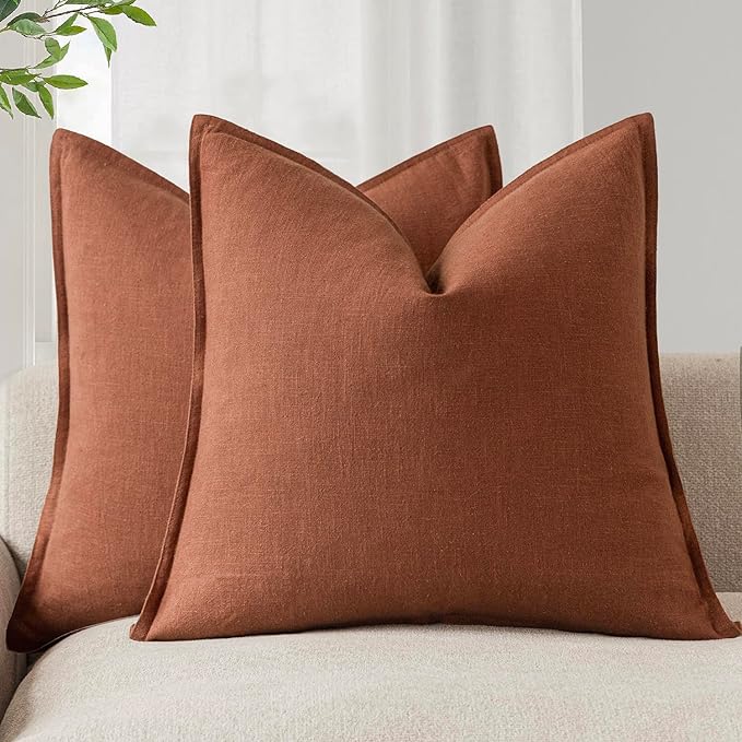 Foindtower Pack of 2, Decorative Linen Soild Throw Pillow Covers Soft Accent Cushion Case Farmhouse Neutral Pillowcase for Chair Couch Sofa Bedroom Living Room Home Decor 18 x 18 Inch Fall Rust Orange