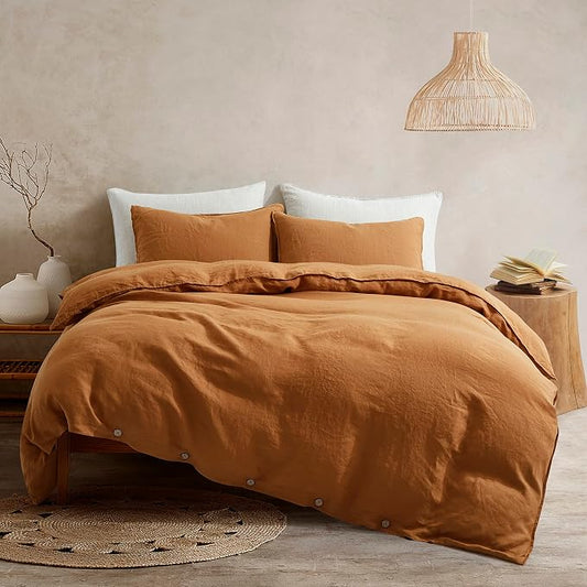 ATLINIA 100% Flax Linen Duvet Cover Set - Stone Washed Pure French Linen Organic Fabric for Farmhouse Comforter Boho Bedding Included 1 Duvet Cover 2 Pillow Shams(Rust, California King)