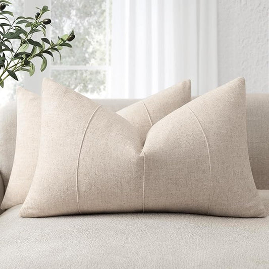 ZWJD 12x20 Pillow Covers Set of 2 Decorative Linen Solid Handcrafted Striped Throw Pillows for Bed Soft Modern Farmhouse Neutral Pillowcase for Couch Bedroom Living Room Home Decor(Natural Beige)