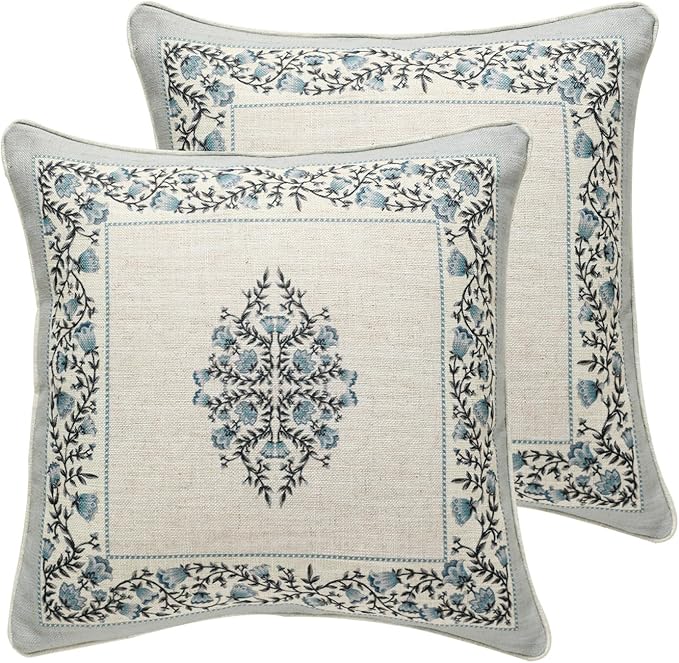 ISAENNE Design Linen Square Throw Pillow Covers 18"x18" Pack of 2, Cottage Farmhouse Cushion Covers with Thorn Vine Pattern for Bed, Living Room, Outdoor, Car