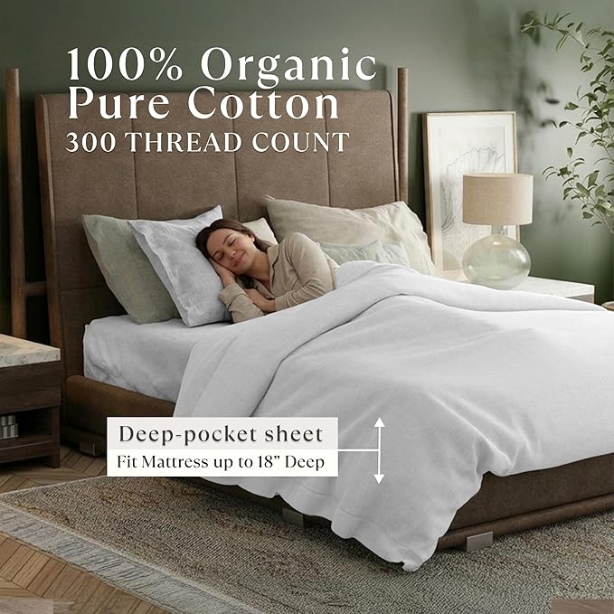 Delilah Home 100% Organic Cotton King Flat Sheet Set, GOTS & Vegan.org Verified, Long Stem 300 TC Sateen Bedding, Non-Synthetic, Deep Pocket Fitted Linen, Lightweight, All-Season, 4 Piece Set - White