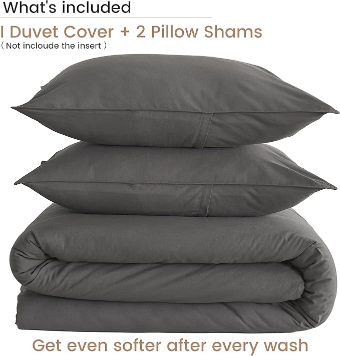 BISELINA French Linen Duvet Cover Set 2pcs with Hidden Zipper Closure Natural Flax Cotton Blend Solid Color Soft Breathable Luxury Farmhouse Bedding - Twin Size, Dark Grey
