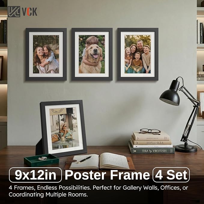 VCK 9x12 Frame Black - 4 Pack, Gallery-Quality Wood Picture Frames, 1.1-Inch Wide Border, Polished Plexiglass, Vertical or Horizontal Wall & Tabletop