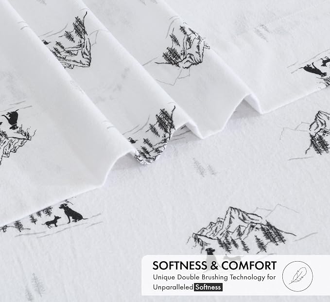 RUVANTI Flannel Sheets King Size - 100% Cotton Double Brushed King Bed Sheets Set - Deep Pockets 16 Inches - All Seasons Breathable & Extra Soft - Warm & Cozy, 4 Piece, Soul Dog White