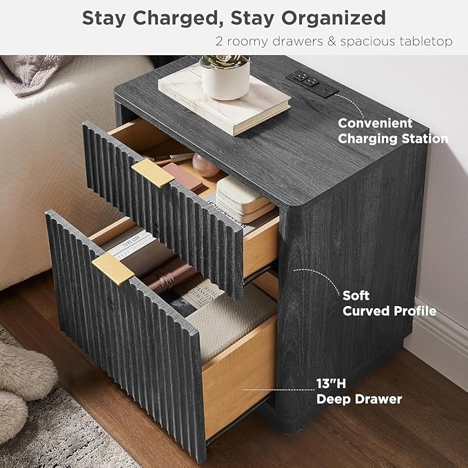 T4TREAM 23'' Fluted Nightstand with Charging Station, Large 2 Drawer Side Table, Modern End Table with Storage, Mid Century Bedside Table for Bedroom, Living Room, Curved Profile, Dark Alder