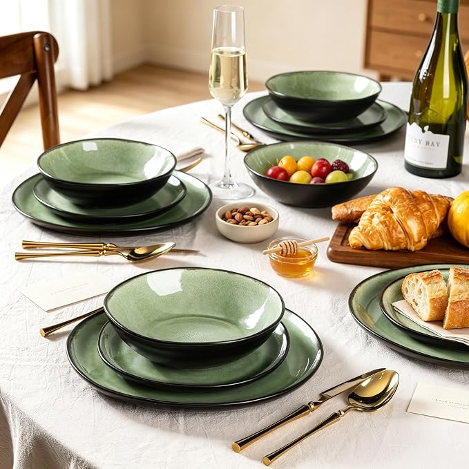 AmorArc Ceramic Dinnerware Sets,Handmade Reactive Glaze Stoneware Plates and Bowls Sets,Highly Scratch Resistant | Dishwasher & Microwave Safe Dishes Set,Service for 4 (12pc)