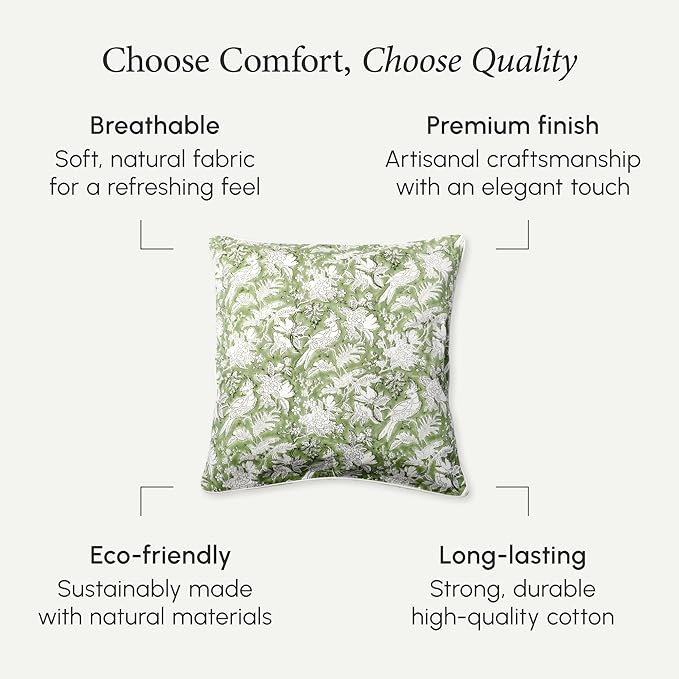 CPC 100% Cotton Throw Pillow Covers 24x24 Inch, Set of 2 Green Block Print Pattern Couch Pillow, Cute Boho Decorative Pillows for Living Room, Bedroom with Hidden Zipper- Olive Green