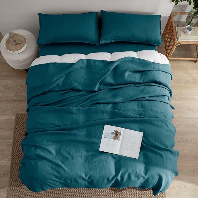 EVERLY Linen Sheets Set Full Size,100% French Stonewash Pure Linen Sheets Set,4Pieces (1Flat Sheet,1Fitted Sheet,2Pillowcase) Suitable for Hot Sleepers,Deep Pocket Natural Bedding Set-Graphite Blue