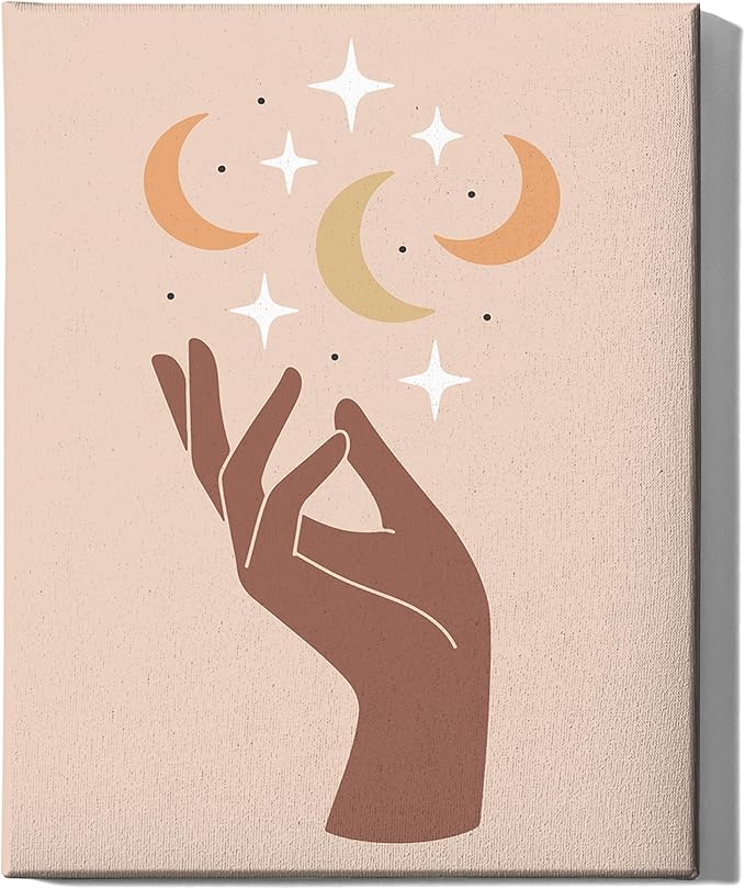 Mystical Hand Wrapped Canvas Wall Art Celestial Moon and Stars Earth Tones Terracotta 16x20 Inch Gallery Stretched Modern Spiritual Home Art Decor
