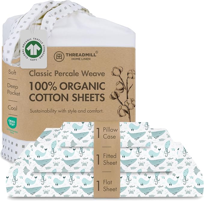 Threadmill Organic Cotton Twin Sheets | 100% Cotton Sheets for Twin Size Bed | Printed Percale with 15” Deep Pocket | Soft Breathable 3-Piece Cooling Sheet Set | Migosprint Blue