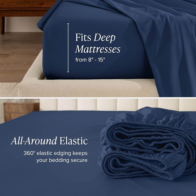 Bare Home 100% Organic Cotton Queen Sheet Set - Crisp Percale Weave - Lightweight & Breathable - Bedding Sheets & Pillowcases (Queen, Dark Blue)