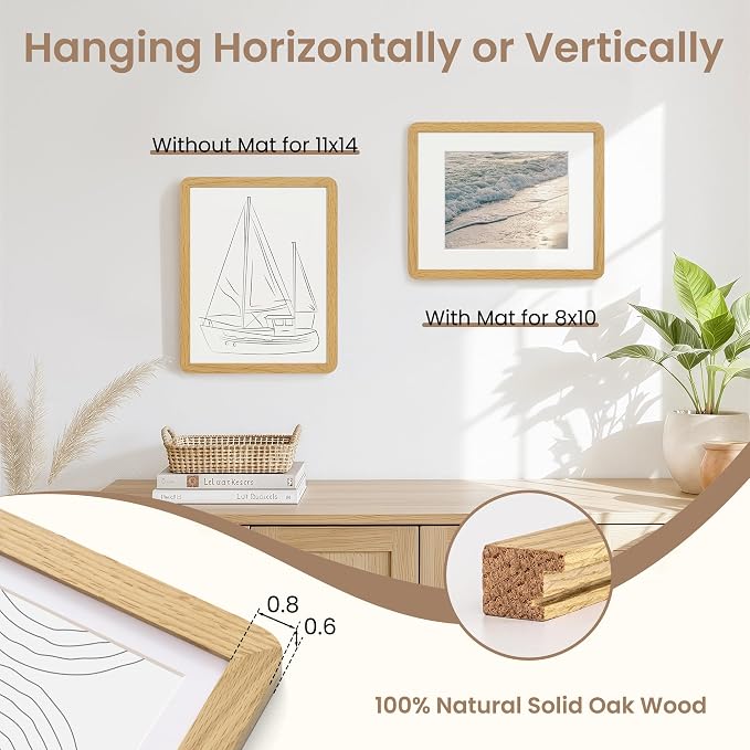 Fun Memories 11x14 Picture Frame - Solid Oak Wood 11x14 Frame with Mat for 8x10 Photos, 11 By 14 Poster Wood Wall Frame, Horizontal or Vertical Wall Mounting, Natural Oak