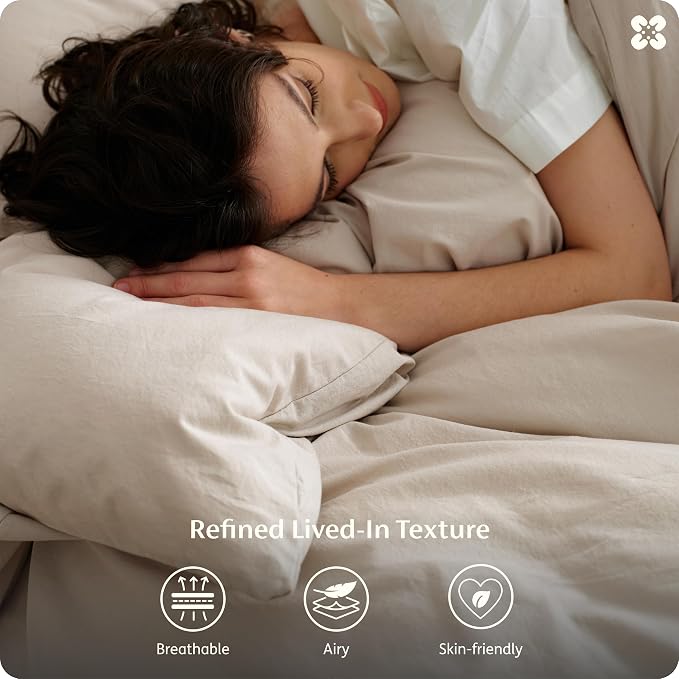 Bedsure Duvet Cover King Size - 100% Washed Cotton, Linen-Like Minimalist Bedding - PureWoven Plain Soft Comforter Cover for All Seasons, 1 Duvet Cover Only (Oatmeal, 104" x 90")