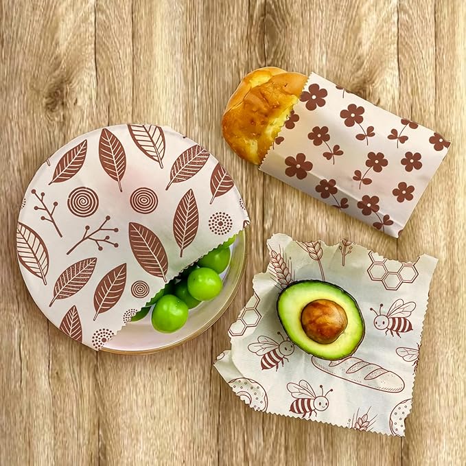 Reusable Beeswax Wraps, 9 Pack Eco-Friendly Food Storage, Organic Cotton Sandwich, Snack, Bowl Covers, Zero Waste, Plastic-Free, Sustainable, 1XL, 3M, 5S (Leaves, Flowers, Bees)