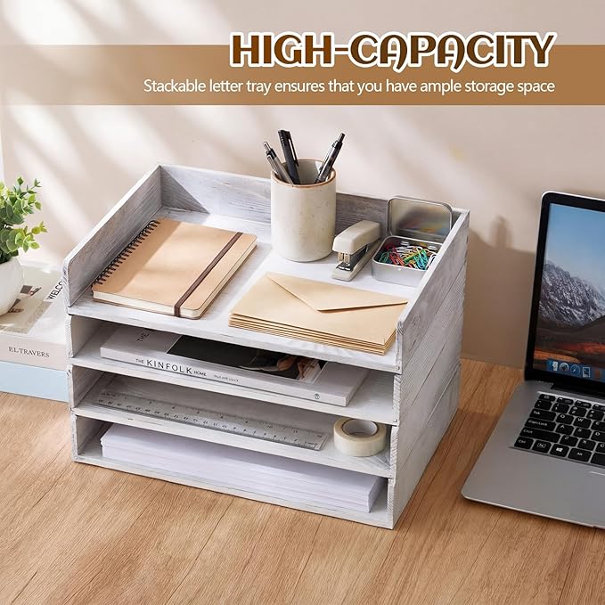 Yeaqee 4 Pcs Stackable Paper Organizer Tray Wood Desk Organizer Letter Tray Paper Holder Desktop Letter Size Office Wooden Desk Shelf Folder Organization Rack for Mail File Document (Vintage White)