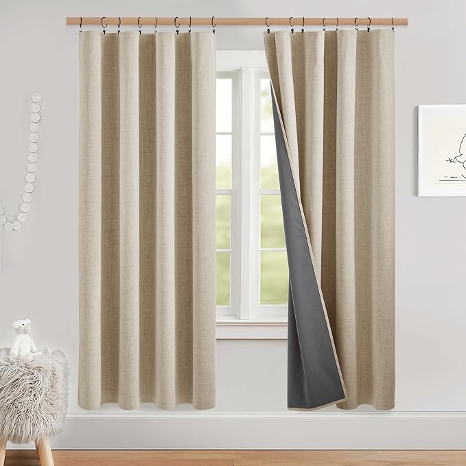 NICETOWN Beige Bedroom Full Blackout Linen Curtains, Thick Insulated Classic Rod Pocket Back Tab Blackout Draperies with White Thermal Insulated Liner for Nursery, Study (Set of 2, 52 by 72-inch)