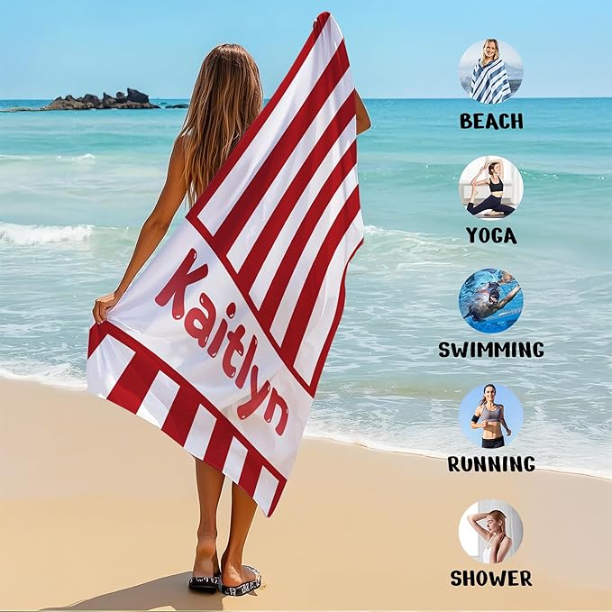 JML Personalized Beach Towel with Name, Custom Cabana Stripe Beach Towel, Customized Microfiber Pool Towel, Quick Dry & Absorbent Swim Towel for Adult,Anniversary, Birthday, Summer Holiday,Vacation