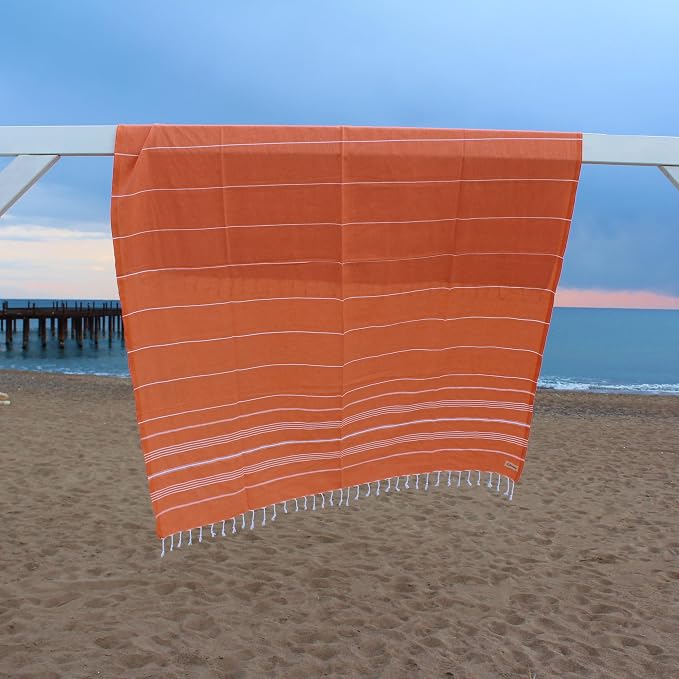 Bersuse Towels Anatolia XL Beach Blanket Throw Blanket Turkish Towel 100% Cotton Extra-Large Quick-Dry Lightweight Premium Peshtemal Towel - 61x82 Inches, Orange (Set of 3)