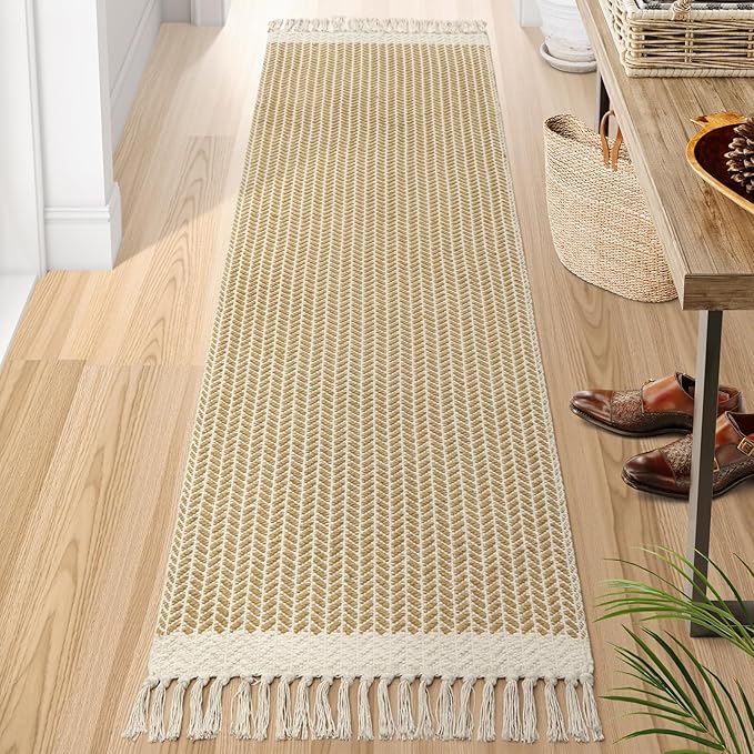 Lahome Belle Boho Laundry Room Rug, 2x7 Runners for Hallways Lightweight Entry Woven Cotton Runner Rug with Tassels, Farmhouse Non Shedding Washable Rugs Low Pile Runner for Kitchen Bathroom, Khaki