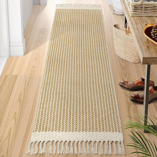 Lahome Belle Boho Laundry Room Rug, 2x7 Runners for Hallways Lightweight Entry Woven Cotton Runner Rug with Tassels, Farmhouse Non Shedding Washable Rugs Low Pile Runner for Kitchen Bathroom, Khaki