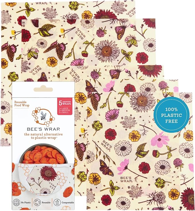 Bee's Wrap Beeswax Wraps for Food - Assorted 5 Pack of Beeswax Wraps - 2 Large & 3 Medium Wrap - Plastic Free Made in USA Reusable Natural Food Wrap - Meadow Magic Print