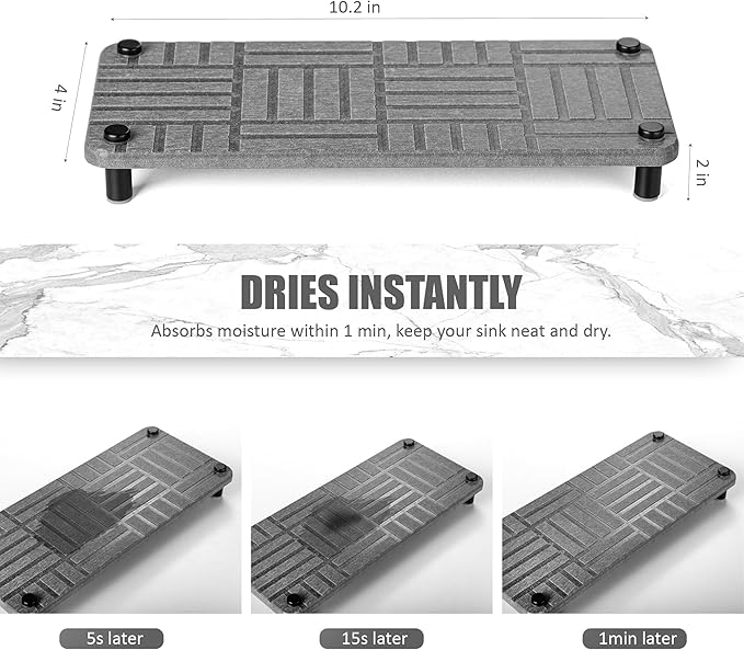 Fast Drying Stone Sink Caddy, Instant Dry Organizer Rack, Diatomaceous Earth Soap Stand Tray for Kitchen Sink, Water Absorbing Stone, Sponge Holder Dispenser for Bathroom Counter, Dark Gray