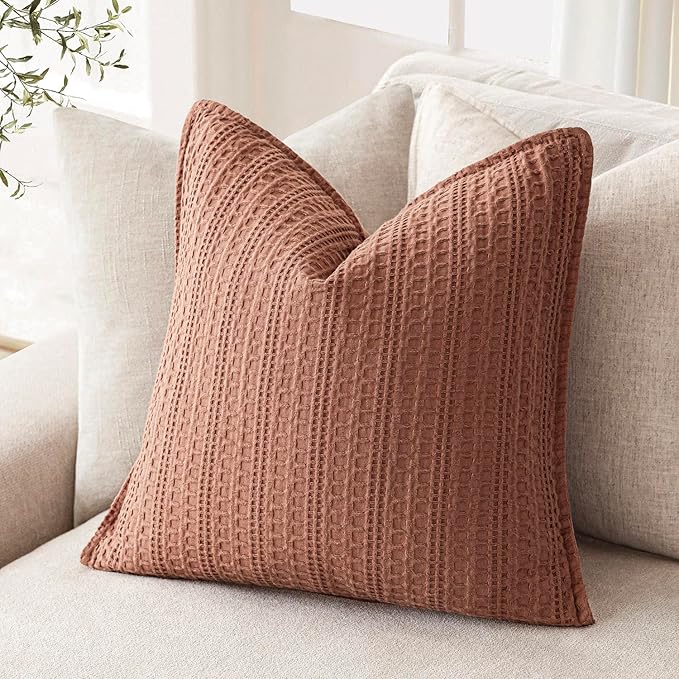Foindtower Set of 2 Decorative Cotton Waffle Weave Throw Pillow Covers Euro Shams Cushion Covers Accent European Pillowcase for Bed Couch Sofa Bedroom Living Room Home Decor 18×18 Inch Coral Pink