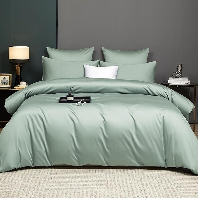 Sage Green Cotton Duvet Cover Set Twin 100% Long-Staple Cotton Sateen Bedding Set, Soft Breathable Smooth Organic Pure Cotton Plain Comforter Cover, Luxury Minimalist Bedroom Decor for All Season