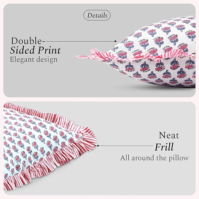 CPC Pink Sapphire Ruffle Throw Pillow Covers for Couch, 20x20 Inch Cotton Stripe Ruffle Couch Pillows for Living Room, Hidden 16 Inch Zipper Boho Pillow Case or Cute Outdoor Pillows