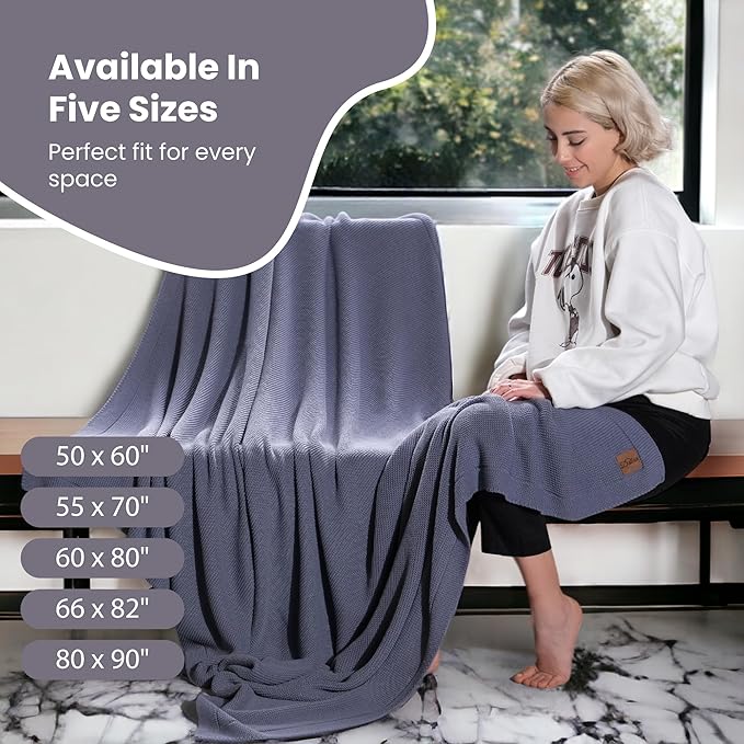 Dalisa 100% Organic Turkish Cotton Throw Blanket - GOTS Certified, Cozy - Perfect for Couch, Bed, and Home Decor - Boho Vintage Knit Alina (Grey Blue, 50x60)