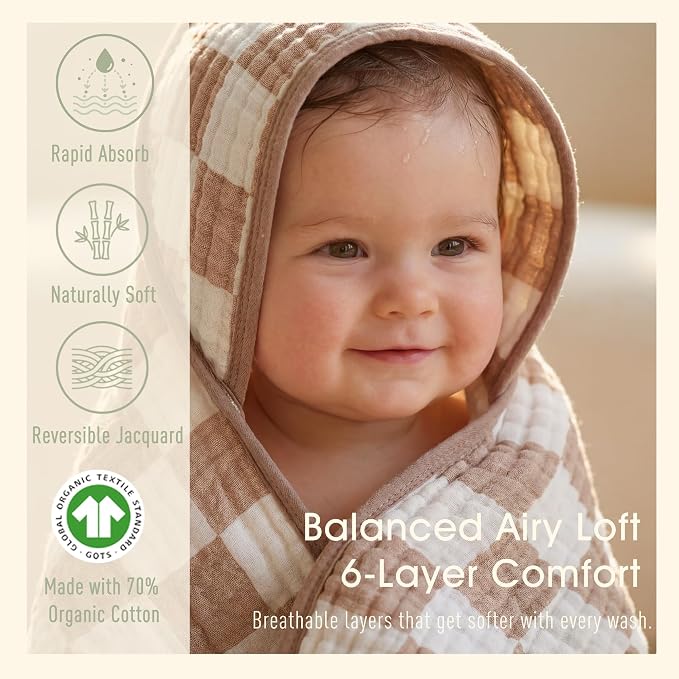 4-Pc Ultra-Soft Muslin Baby Towel Set - Bath & Beach, (Coffee Checkered, 32“x32)