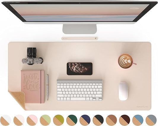 RENMTURE Dual-Sided Mouse Pad, Natural Cork & PU Leather Large Desk Pad for Office and Home Work, Desk Protector Non-Slip, Waterproof, Easy Clean (Apricot, 36"x17")