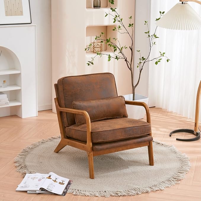 Karl home Mid-Century Modern Accent Reading Chair, Brown | Bronzing Upholstered, Solid Wood Frame, Soft Cushion, Lumbar Pillow, Lounge Armchair for Living Room, Bedroom, Balcony, Study