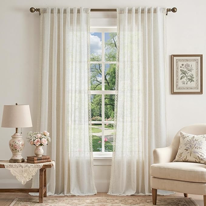 jinchan Linen Curtains for Living Room Bedroom Light Filtering Semi Sheer Curtains Boho Farmhouse French Country Cottage Core Decor Window Drapes Back Tab 96 Inch Length Laced Beige