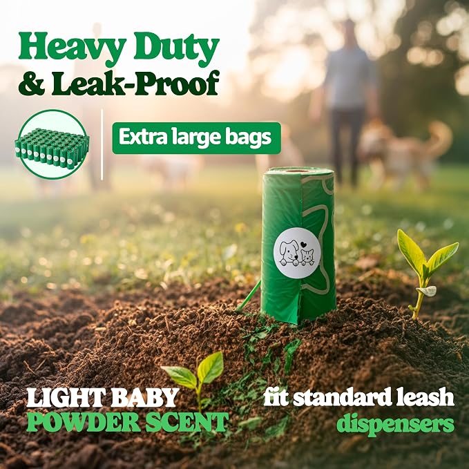 Dog Poop Bags, Light Baby Powder Scent, 90 Count (6 Rolls), Certified Compostable Cornstarch Blend - ASTM D6400 & EN 13432, Extra Thick, Leak-Proof, 9x13 Inch for Dogs & Cats