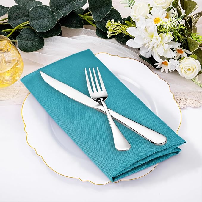 SuperO Set of 80 Cloth Napkins 17 x 17 Inch, Polyester Solid Washable Dinner Napkins with Hemmed Edges,Great for Restaurant, Wedding and Party(Peacock Blue)