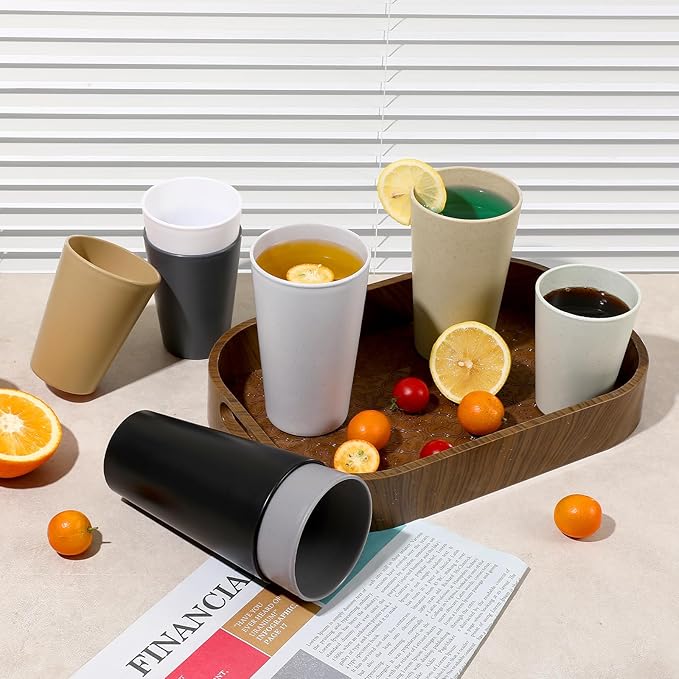 HEYCOME Set of 16 Wheat Straw Cups, 16 Pcs 20 oz Unbreakable Drinking Cups, Reusable Plastic Cups Sets, Water Glasses Tumblers, Microwave & Dishwasher Safe, Bpa Free, 4 Colors
