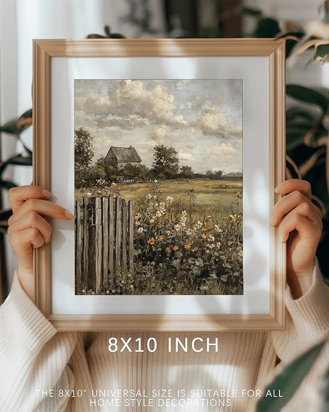 Vodefoad Vintage Farmhouse Wall Art,Cottagecore Landscape Wall Art, Rural Wildflower and Meadow Painting, Moody French Countryside Canvas Print for Gallery Home Bedroom Farmhouse Bedroom, or Moody Wall Art Lovers - 8x10Inch Unframe