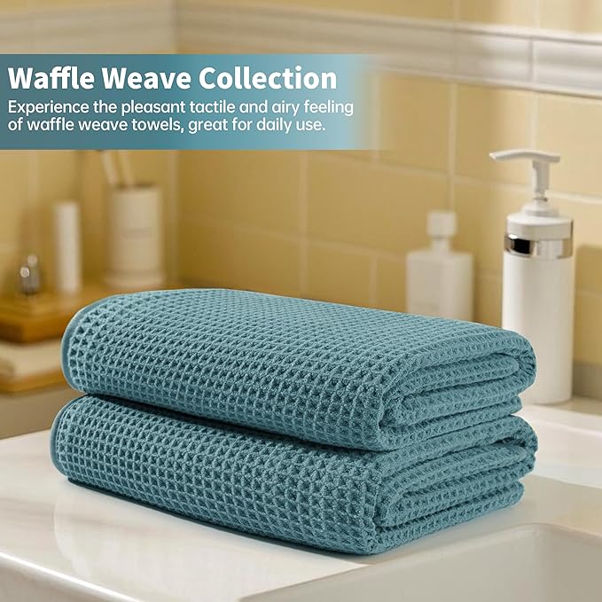 MICROFI New Microfiber Waffle Bath Towels, 2 Pieces, Oversized, Soft, Absorbent, Fast Drying, Lint Free 430 GSM (Green)