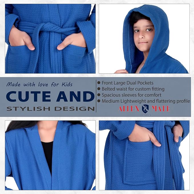 ALLEN & MATE 100% Cotton Waffle Terry Towel Hooded Kids Bathrobe – Soft Absorbent Medium Weight Swim Robe for Boys & Girls