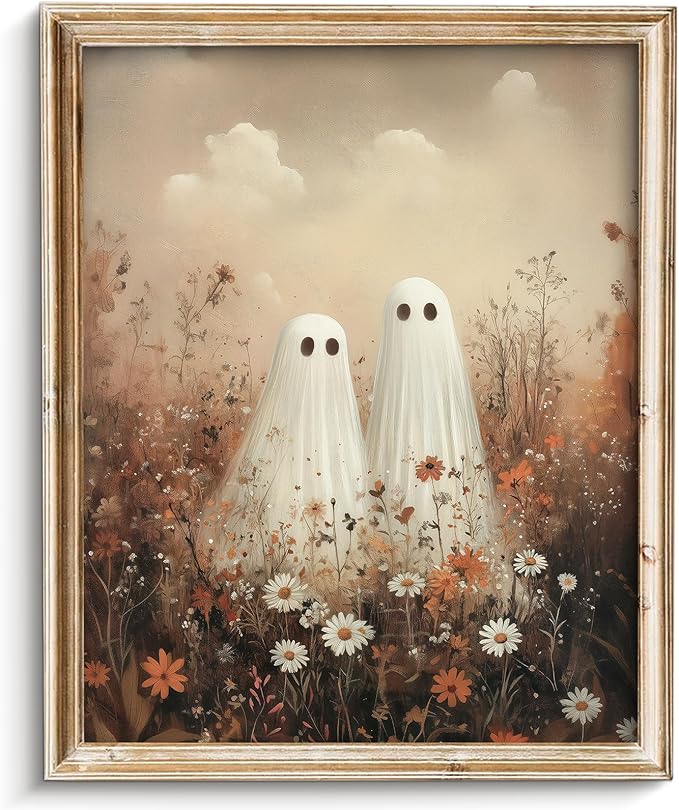 Vodefoad Vintage Cute Ghosts in Wildflower Meadow Print-Moody Autumn Decor, Cute Halloween Fall Painting, Victorian Ghost Posters Pictures for Living Room, Bedroom, Bathroom, Halloween Room decor - 8x10 Inch Unframed