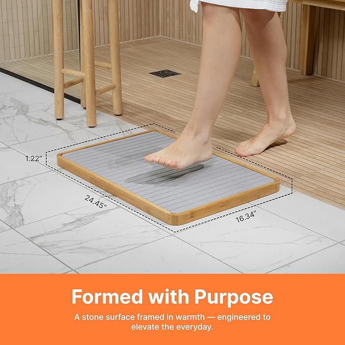 Stone Bath Mat with Bamboo Trim - Quick-Dry Diatomaceous Earth Shower Mat | Super Absorbent, Non-Slip, Minimalist Bathroom Floor Mat for Spa Style Décor, Bathroom, Kitchen, Entryway - Stone Grey