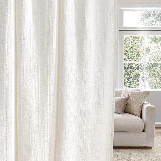 NICETOWN Natural Boho Linen Curtains 96 inches Long, Jacquard Weave Privacy Light Filtering Drapes for Bedroom/Living Room, W52 x L96, 2 Panels