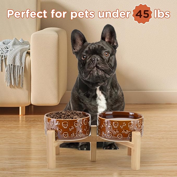 SPUNKYJUNKY Elevated Dog Bowls Ceramic, 6.1'' Dogs and Cat Food Water Bowls Raised with Non-Slip Bamboo Stand for Medium Sized Breed Microwave Dishwasher Safe - 28.7 OZ,Skull Bronze