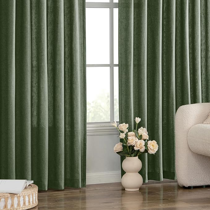 MIULEE Non-See-Through Privacy Linen Curtains 2 Panels, Olive Green Light Filtering Window Curtains Farmhouse Textured Back Tab Semi Sheer Drapes for Bedroom Living Room 84 Inches Long Dark Green